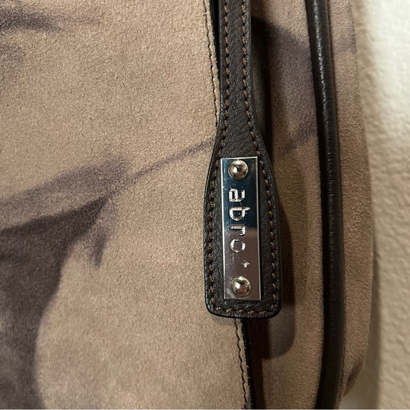 ABRO suede leather abstract print saddle bag, brown and tan, adjustable strap - Picture 7 of 12